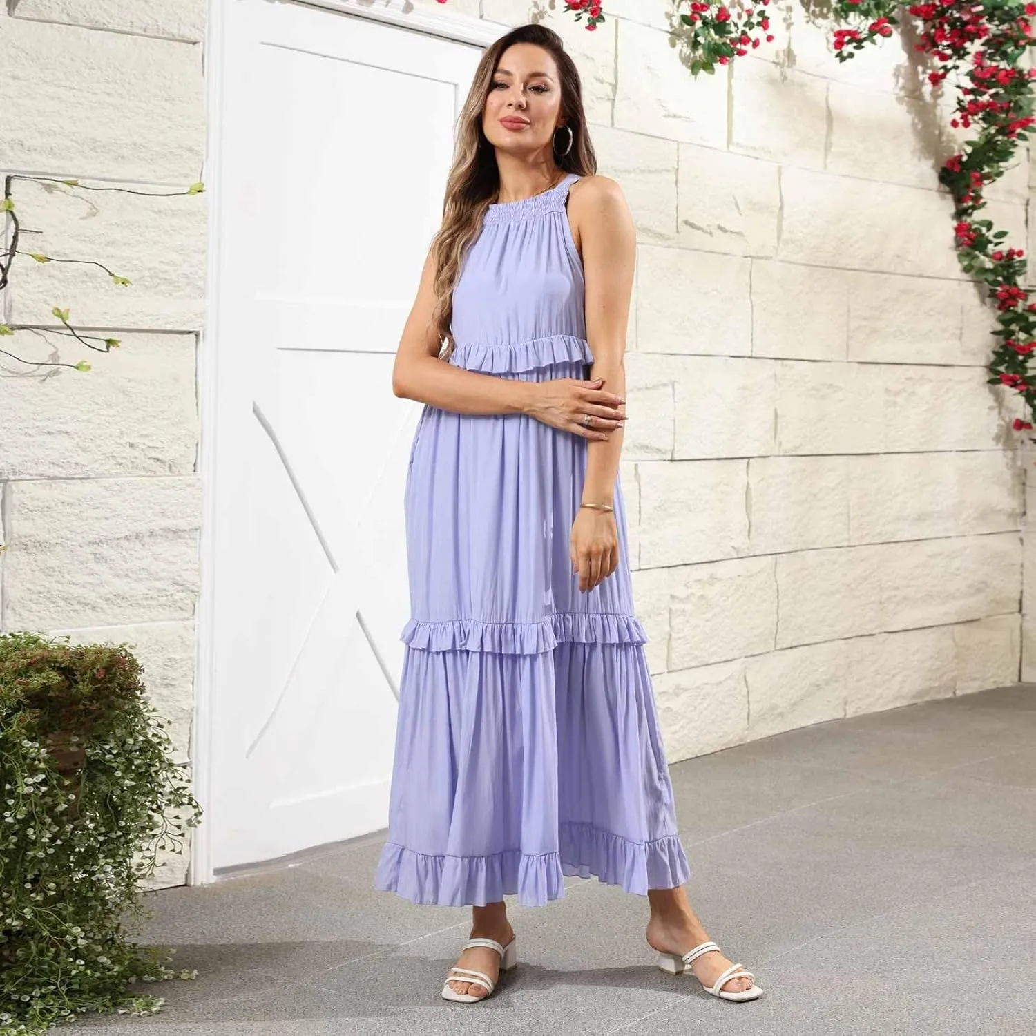 midelxp Smocked Halter Dresses for Women 2025 Classy Boho Chic Tiered Ruffle Dress Sleeveless Long Flowy Dresses with Pockets