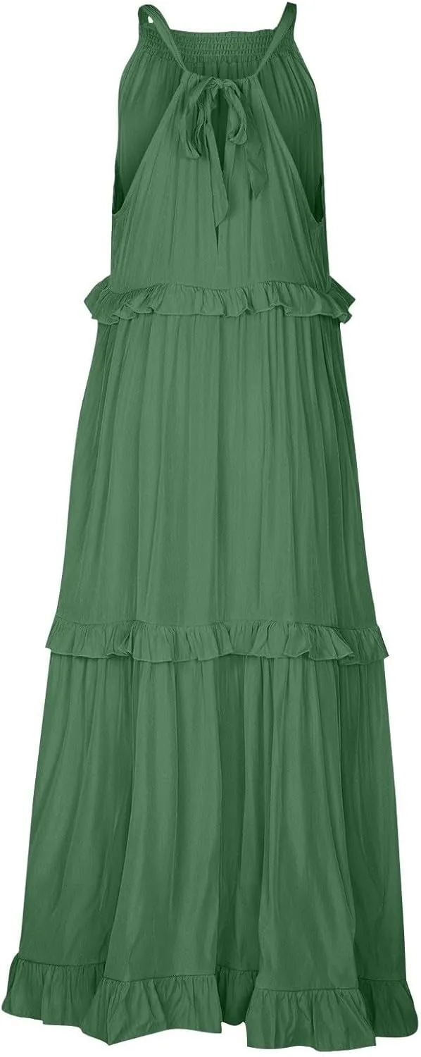 midelxp Smocked Halter Dresses for Women 2025 Classy Boho Chic Tiered Ruffle Dress Sleeveless Long Flowy Dresses with Pockets