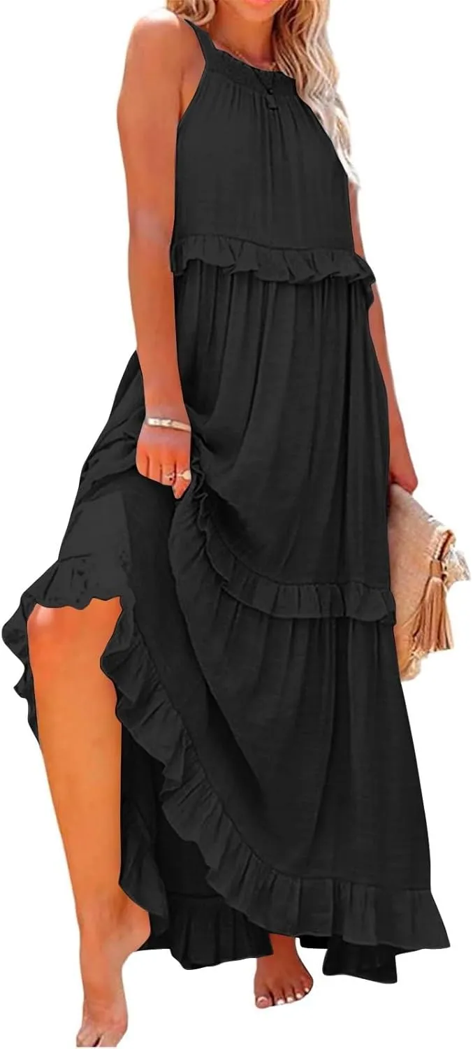 midelxp Smocked Halter Dresses for Women 2025 Classy Boho Chic Tiered Ruffle Dress Sleeveless Long Flowy Dresses with Pockets
