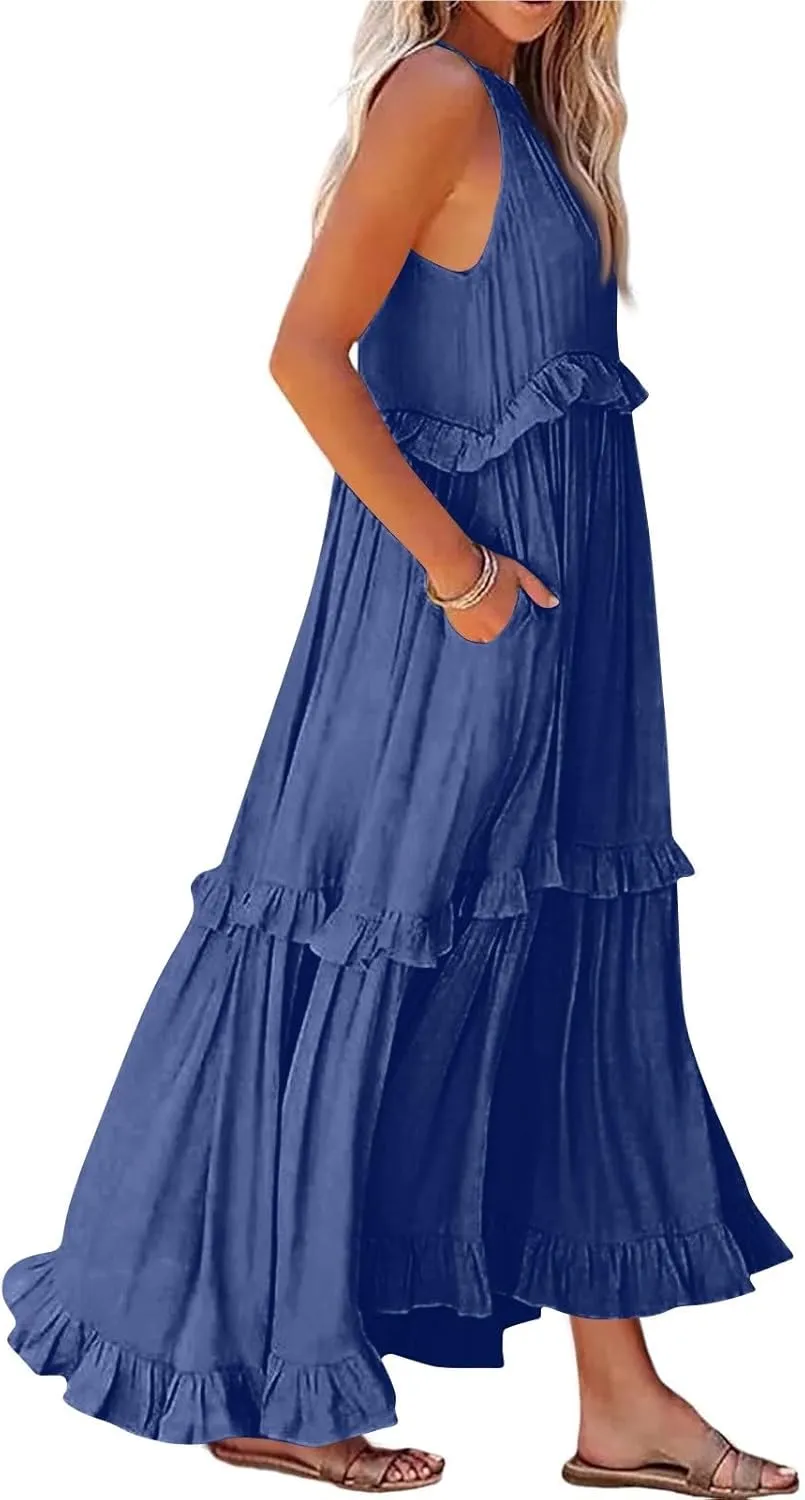midelxp Smocked Halter Dresses for Women 2025 Classy Boho Chic Tiered Ruffle Dress Sleeveless Long Flowy Dresses with Pockets