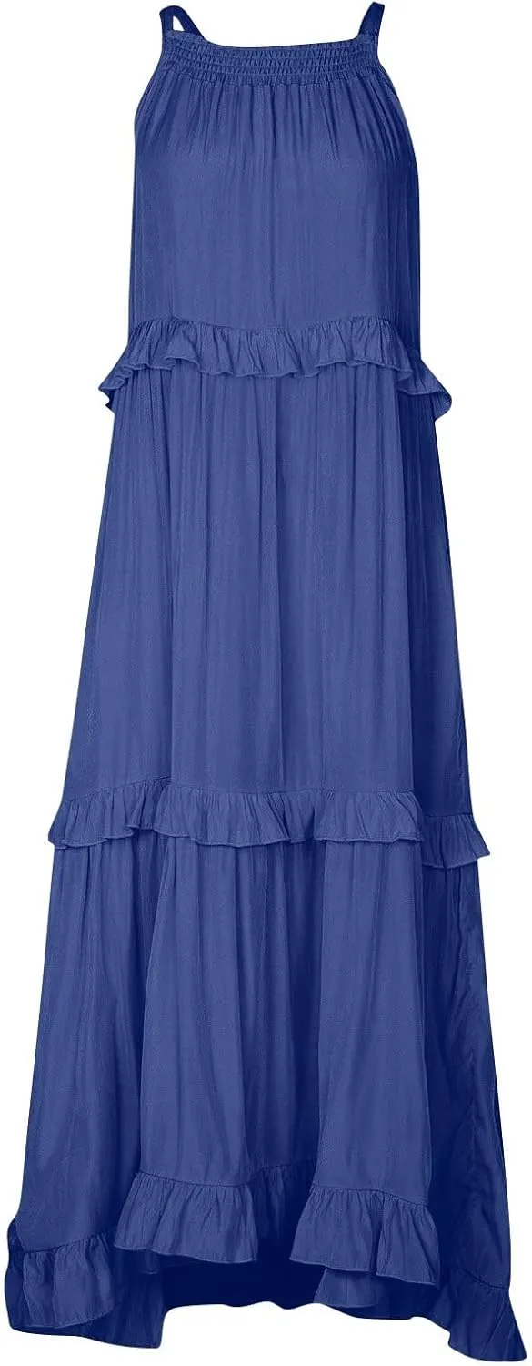 midelxp Smocked Halter Dresses for Women 2025 Classy Boho Chic Tiered Ruffle Dress Sleeveless Long Flowy Dresses with Pockets