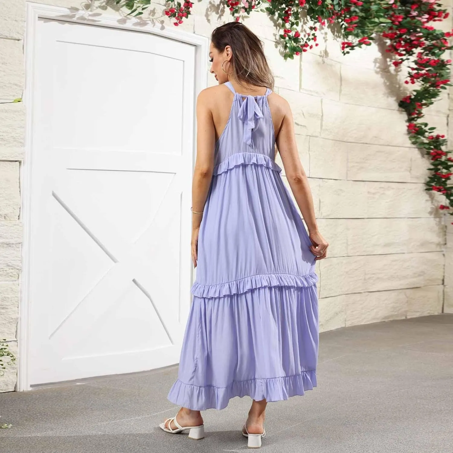 midelxp Smocked Halter Dresses for Women 2025 Classy Boho Chic Tiered Ruffle Dress Sleeveless Long Flowy Dresses with Pockets