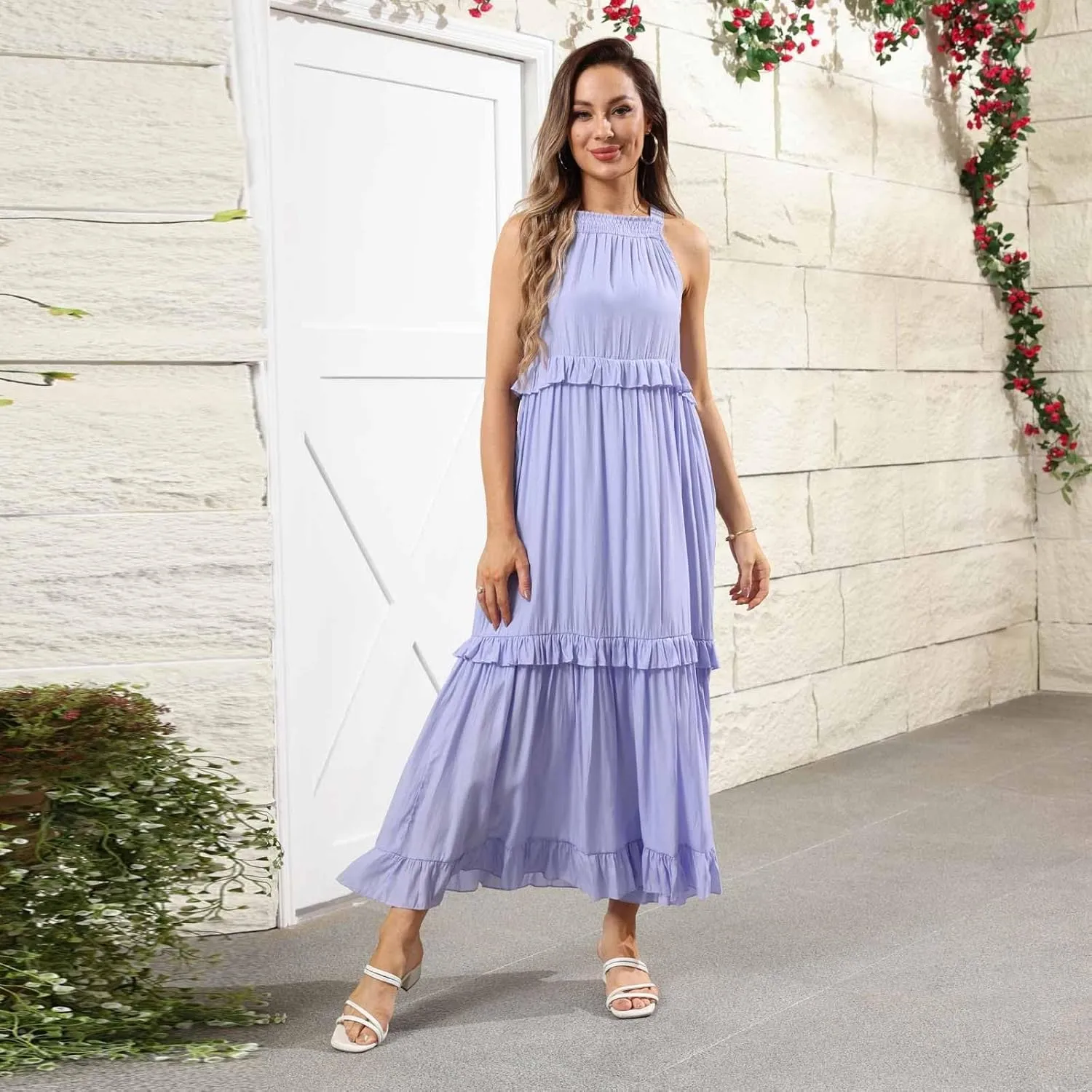 midelxp Smocked Halter Dresses for Women 2025 Classy Boho Chic Tiered Ruffle Dress Sleeveless Long Flowy Dresses with Pockets
