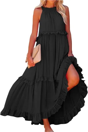 midelxp Smocked Halter Dresses for Women 2025 Classy Boho Chic Tiered Ruffle Dress Sleeveless Long Flowy Dresses with Pockets