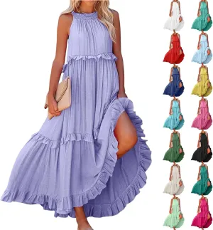 midelxp Smocked Halter Dresses for Women 2025 Classy Boho Chic Tiered Ruffle Dress Sleeveless Long Flowy Dresses with Pockets
