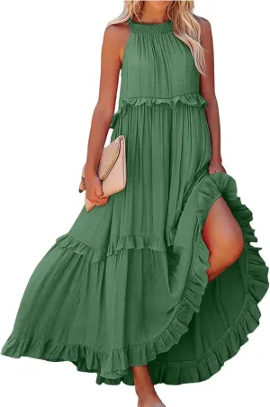 midelxp Smocked Halter Dresses for Women 2025 Classy Boho Chic Tiered Ruffle Dress Sleeveless Long Flowy Dresses with Pockets