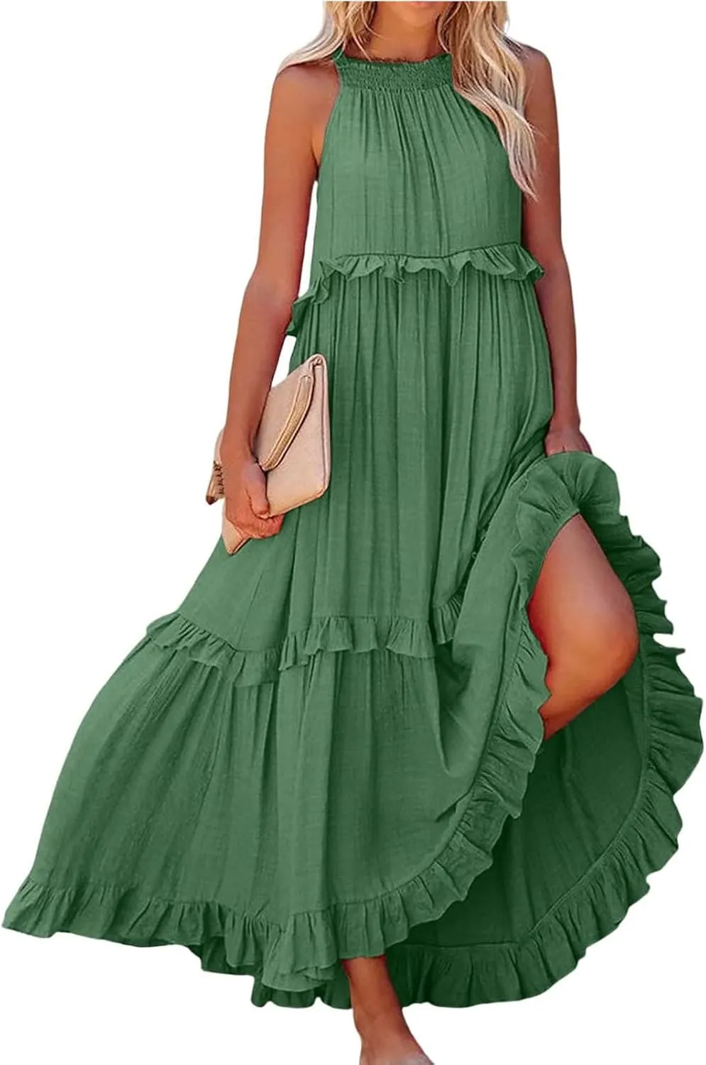 midelxp Smocked Halter Dresses for Women 2025 Classy Boho Chic Tiered Ruffle Dress Sleeveless Long Flowy Dresses with Pockets