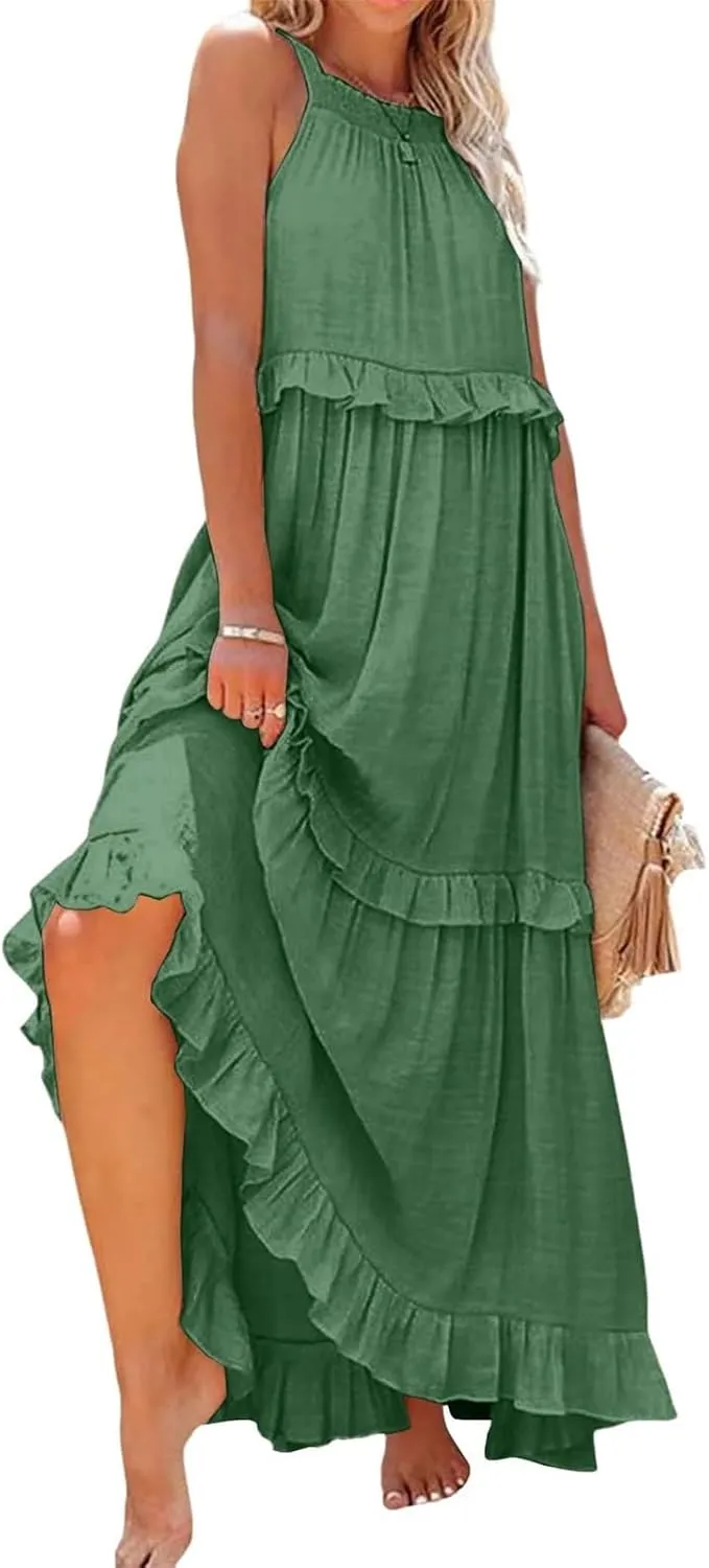 midelxp Smocked Halter Dresses for Women 2025 Classy Boho Chic Tiered Ruffle Dress Sleeveless Long Flowy Dresses with Pockets