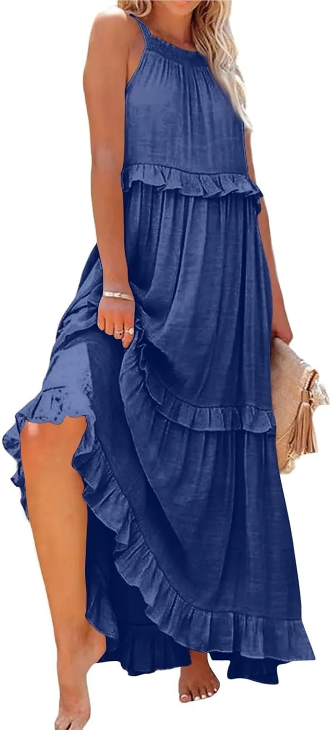 midelxp Smocked Halter Dresses for Women 2025 Classy Boho Chic Tiered Ruffle Dress Sleeveless Long Flowy Dresses with Pockets