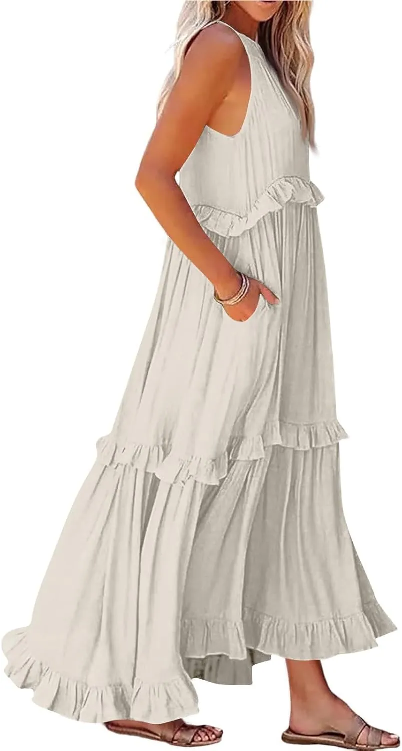 midelxp Smocked Halter Dresses for Women 2025 Classy Boho Chic Tiered Ruffle Dress Sleeveless Long Flowy Dresses with Pockets