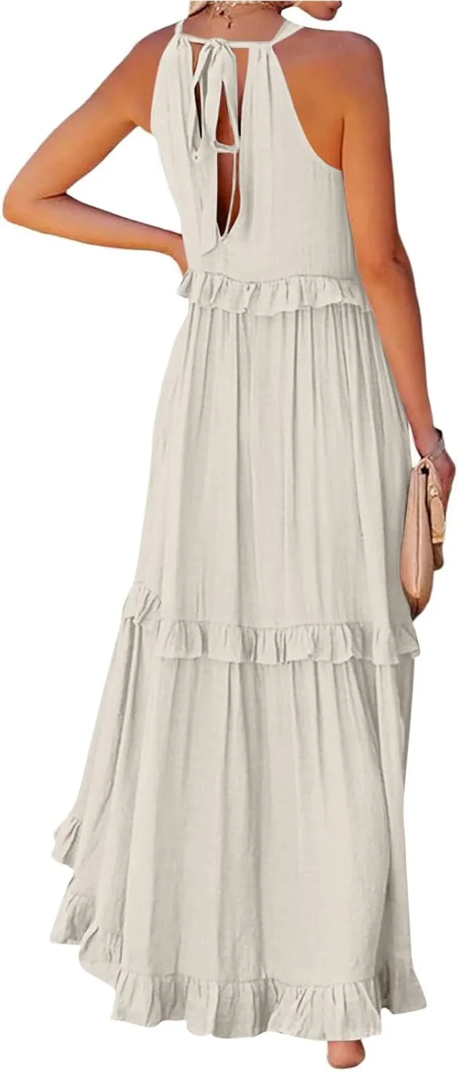 midelxp Smocked Halter Dresses for Women 2025 Classy Boho Chic Tiered Ruffle Dress Sleeveless Long Flowy Dresses with Pockets