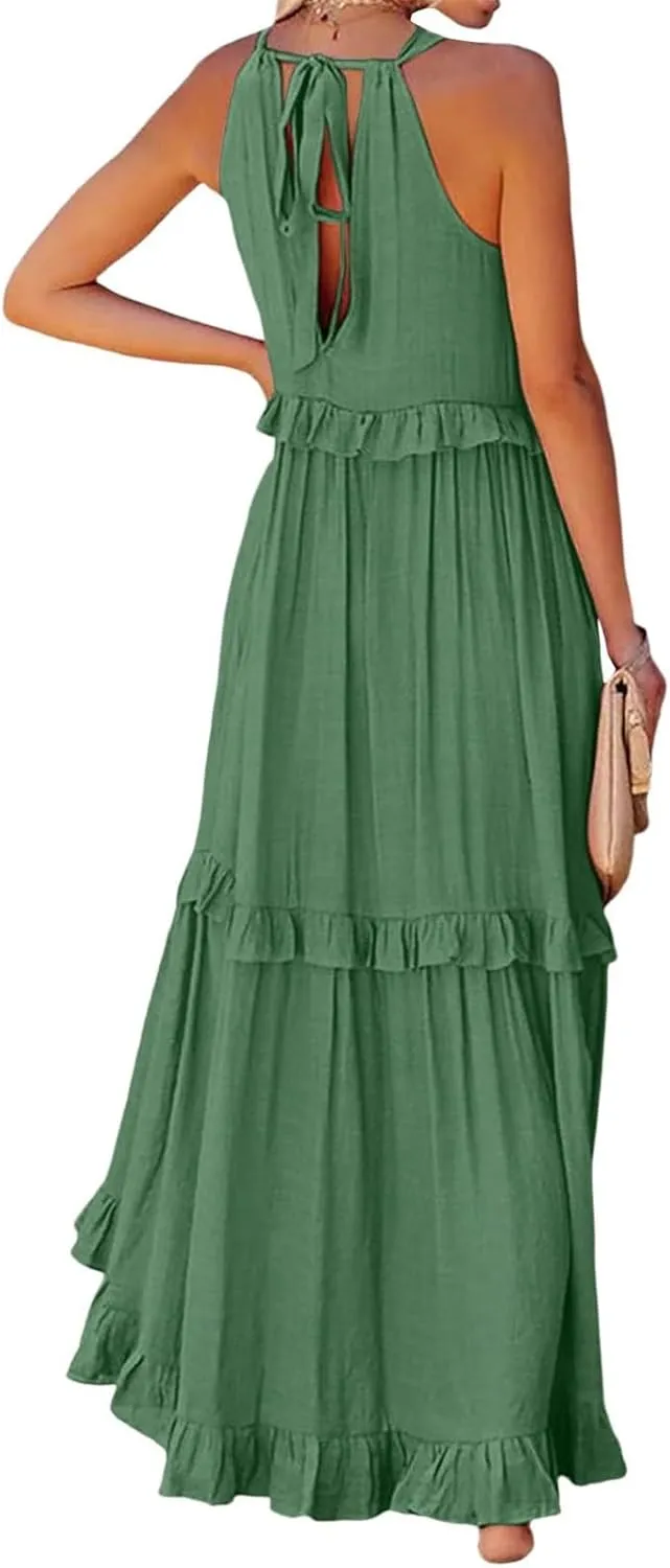 midelxp Smocked Halter Dresses for Women 2025 Classy Boho Chic Tiered Ruffle Dress Sleeveless Long Flowy Dresses with Pockets