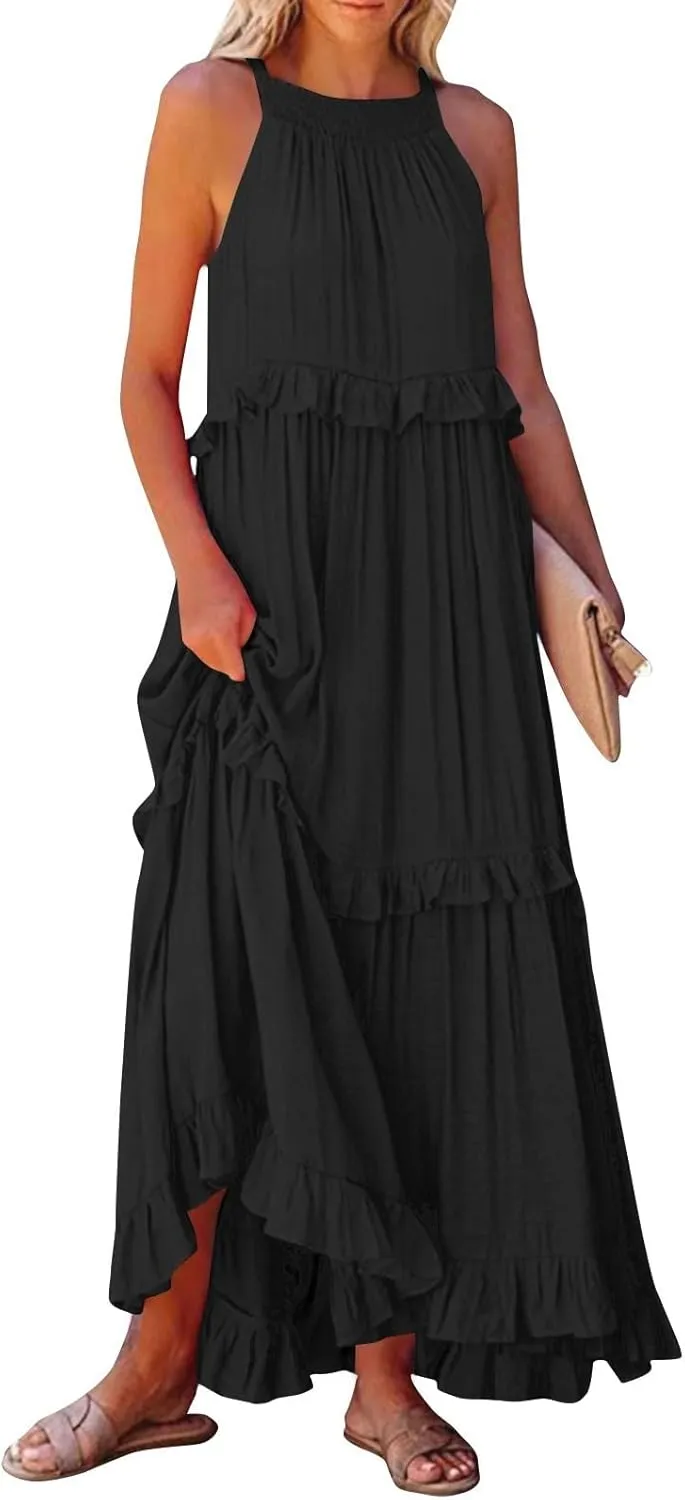 midelxp Smocked Halter Dresses for Women 2025 Classy Boho Chic Tiered Ruffle Dress Sleeveless Long Flowy Dresses with Pockets