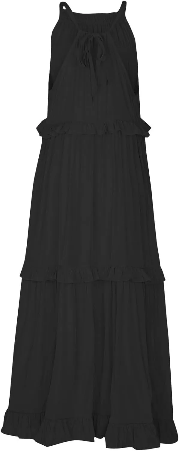midelxp Smocked Halter Dresses for Women 2025 Classy Boho Chic Tiered Ruffle Dress Sleeveless Long Flowy Dresses with Pockets