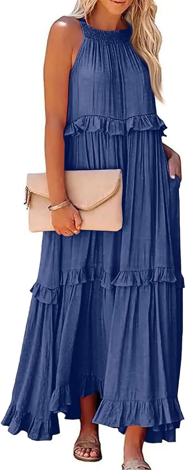 midelxp Smocked Halter Dresses for Women 2025 Classy Boho Chic Tiered Ruffle Dress Sleeveless Long Flowy Dresses with Pockets