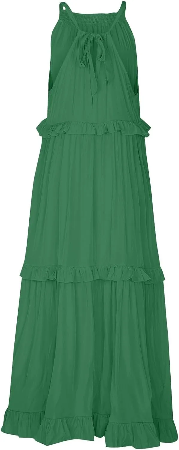 midelxp Smocked Halter Dresses for Women 2025 Classy Boho Chic Tiered Ruffle Dress Sleeveless Long Flowy Dresses with Pockets