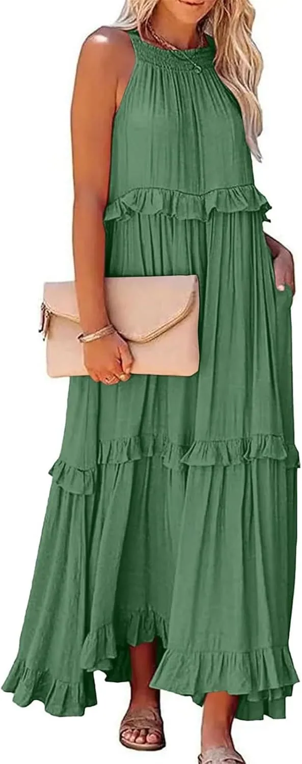 midelxp Smocked Halter Dresses for Women 2025 Classy Boho Chic Tiered Ruffle Dress Sleeveless Long Flowy Dresses with Pockets