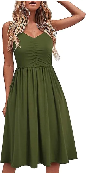 Midi Dresses for Women 2025 Summer Sleeveless V Neck Spaghetti Strap Beach Dress Casual Loose Swing Cute Sundresses