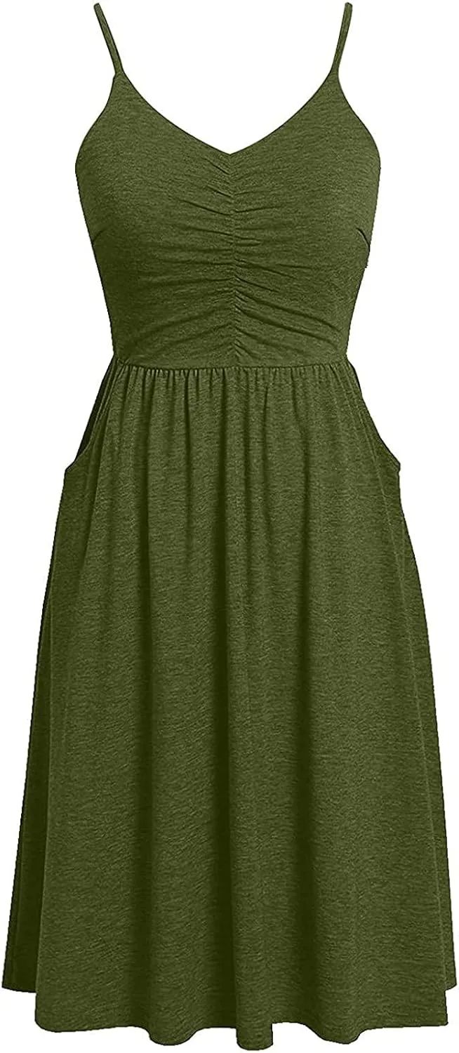 Midi Dresses for Women 2025 Summer Sleeveless V Neck Spaghetti Strap Beach Dress Casual Loose Swing Cute Sundresses