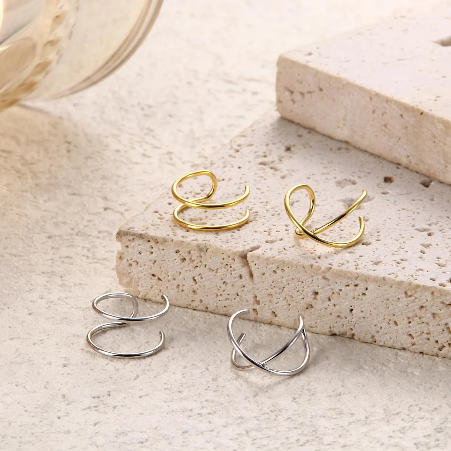 Milacolato 4Pcs 925 Sterling Silver Ear Cuffs: Adjustable Non Piercing Cuff Earrings Minimalist Fake Helix Cartilage Earcuff, Dainty Clip-on Earrings Hypoallergenic with 14K Gold Plating for Women Men