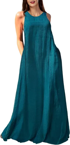 Mingyuezai Women's Sleeveless Linen Maxi Dress Casual Long Dresses with Pockets