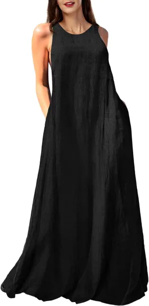 Mingyuezai Women's Sleeveless Linen Maxi Dress Casual Long Dresses with Pockets