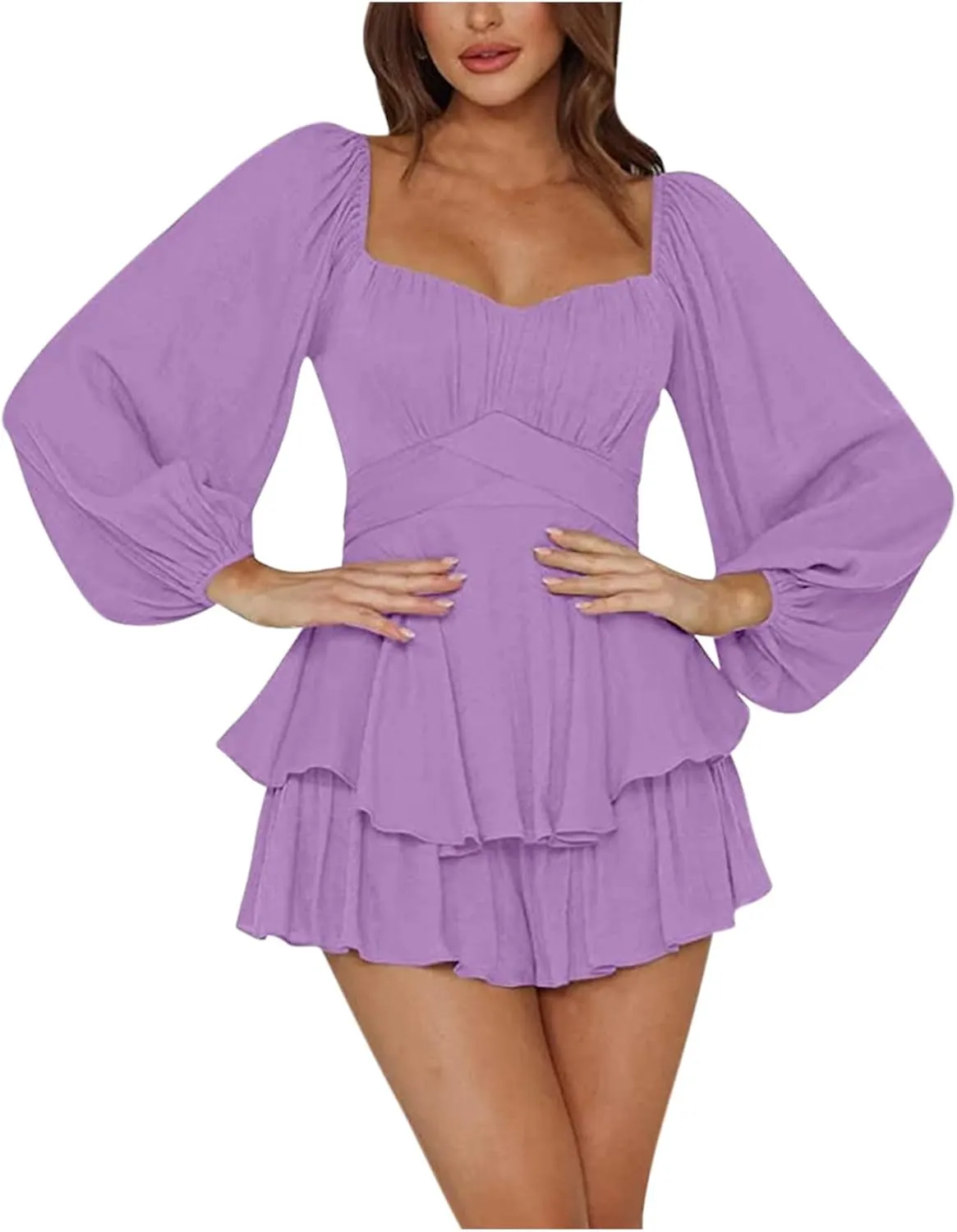 Mini Dresses for Women Lantern Sleeve Ruffle Layer Summer Dress Cute Y2k Teen Girls Off Shoulder Boho Beach Dress