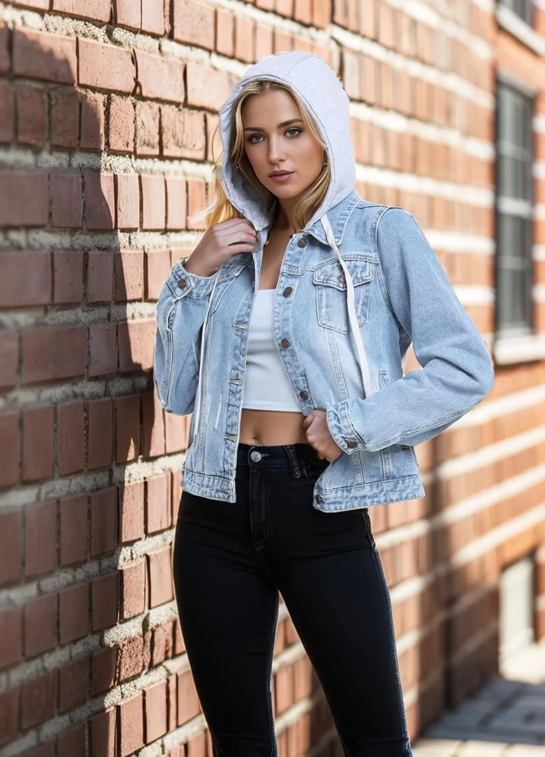 MISS MOLY Denim Jackets For Women Detachable Hoodie Button Down Causal Jean Jacket Coat