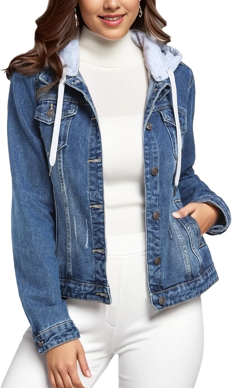 MISS MOLY Denim Jackets For Women Detachable Hoodie Button Down Causal Jean Jacket Coat