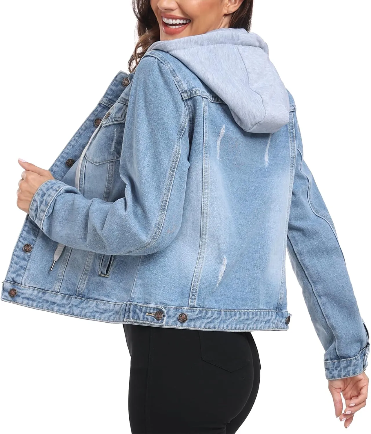 MISS MOLY Denim Jackets For Women Detachable Hoodie Button Down Causal Jean Jacket Coat