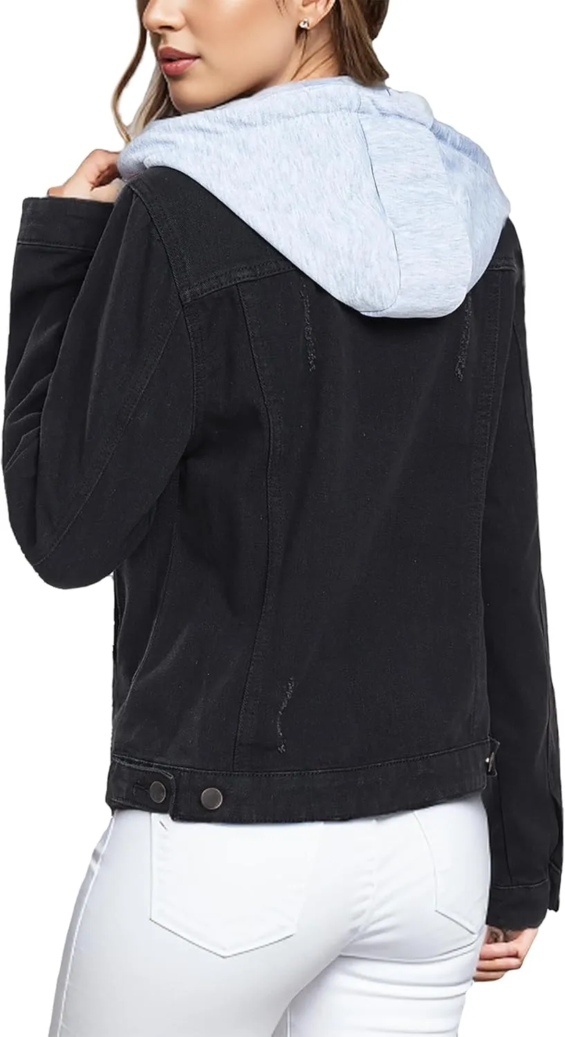 MISS MOLY Denim Jackets For Women Detachable Hoodie Button Down Causal Jean Jacket Coat