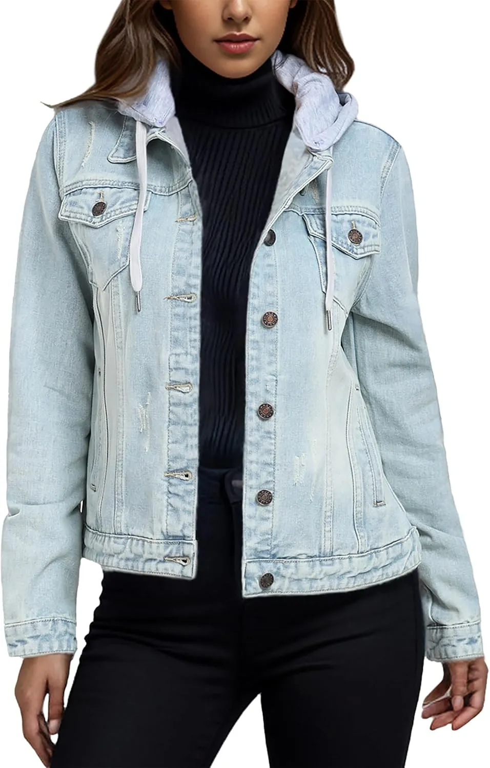 MISS MOLY Denim Jackets For Women Detachable Hoodie Button Down Causal Jean Jacket Coat