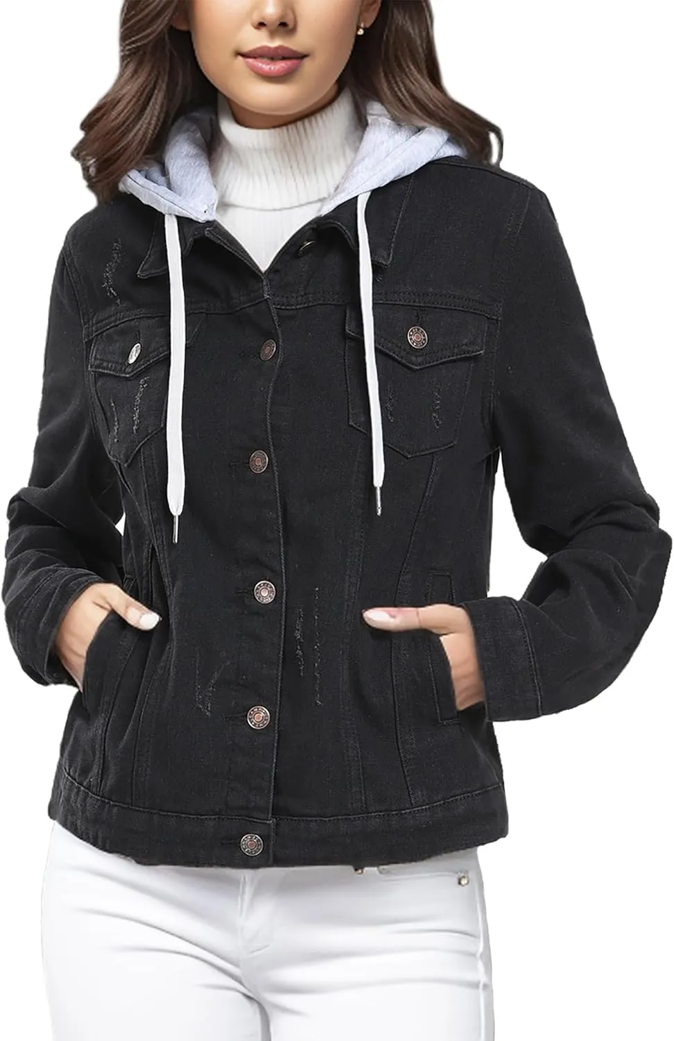 MISS MOLY Denim Jackets For Women Detachable Hoodie Button Down Causal Jean Jacket Coat