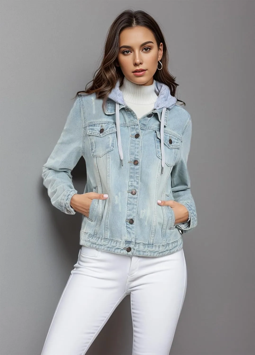 MISS MOLY Denim Jackets For Women Detachable Hoodie Button Down Causal Jean Jacket Coat
