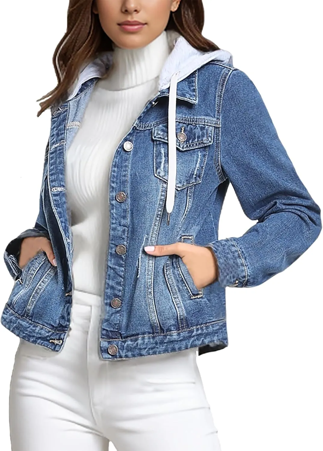 MISS MOLY Denim Jackets For Women Detachable Hoodie Button Down Causal Jean Jacket Coat