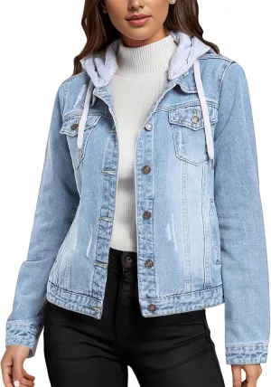 MISS MOLY Denim Jackets For Women Detachable Hoodie Button Down Causal Jean Jacket Coat
