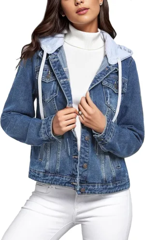 MISS MOLY Denim Jackets For Women Detachable Hoodie Button Down Causal Jean Jacket Coat
