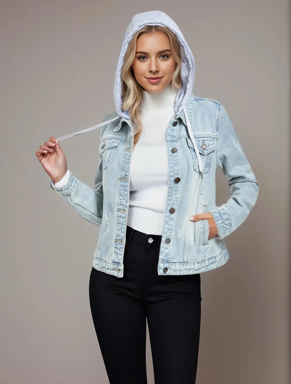 MISS MOLY Denim Jackets For Women Detachable Hoodie Button Down Causal Jean Jacket Coat