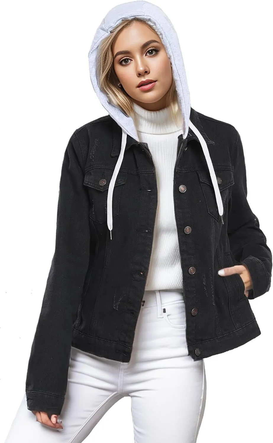 MISS MOLY Denim Jackets For Women Detachable Hoodie Button Down Causal Jean Jacket Coat