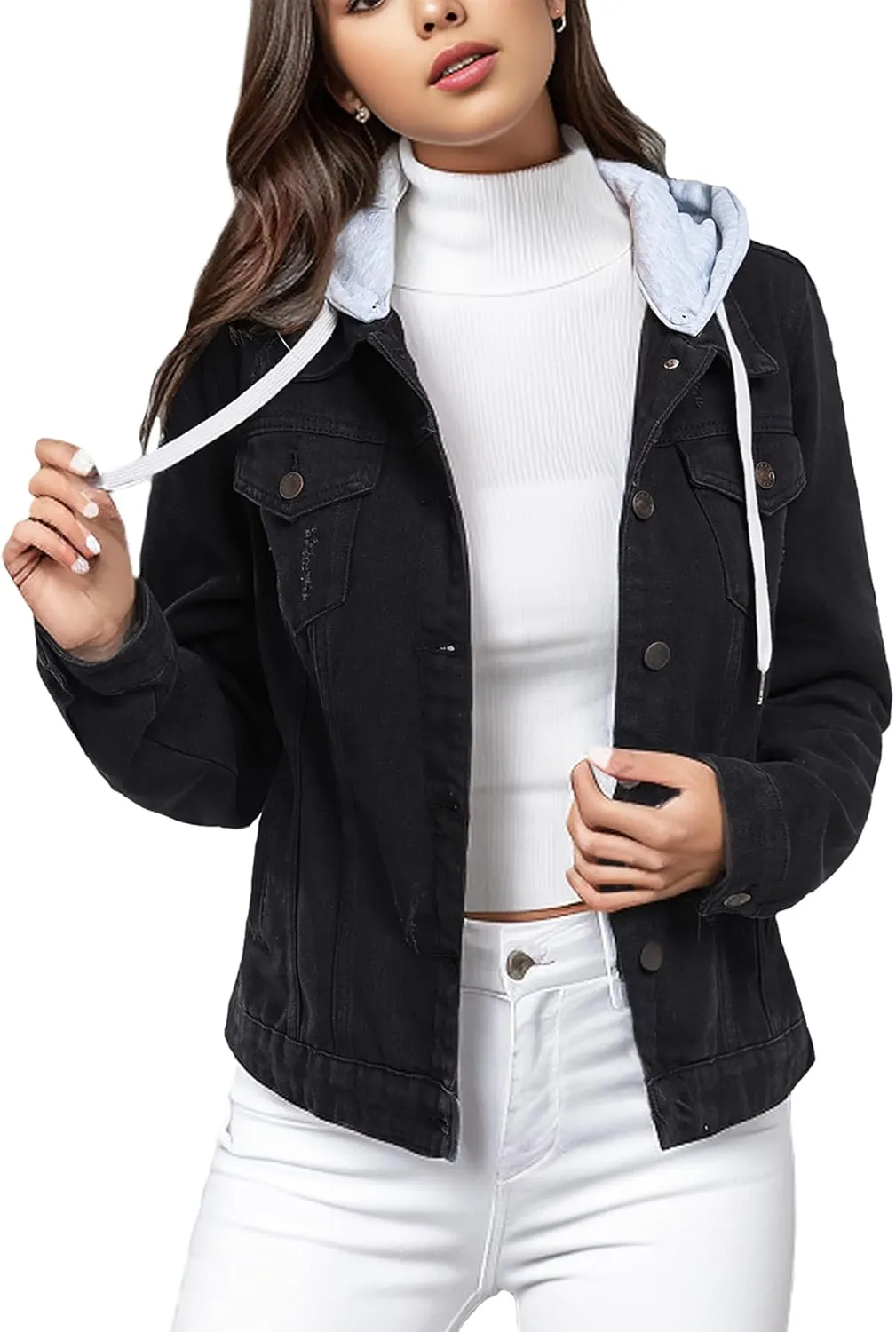 MISS MOLY Denim Jackets For Women Detachable Hoodie Button Down Causal Jean Jacket Coat