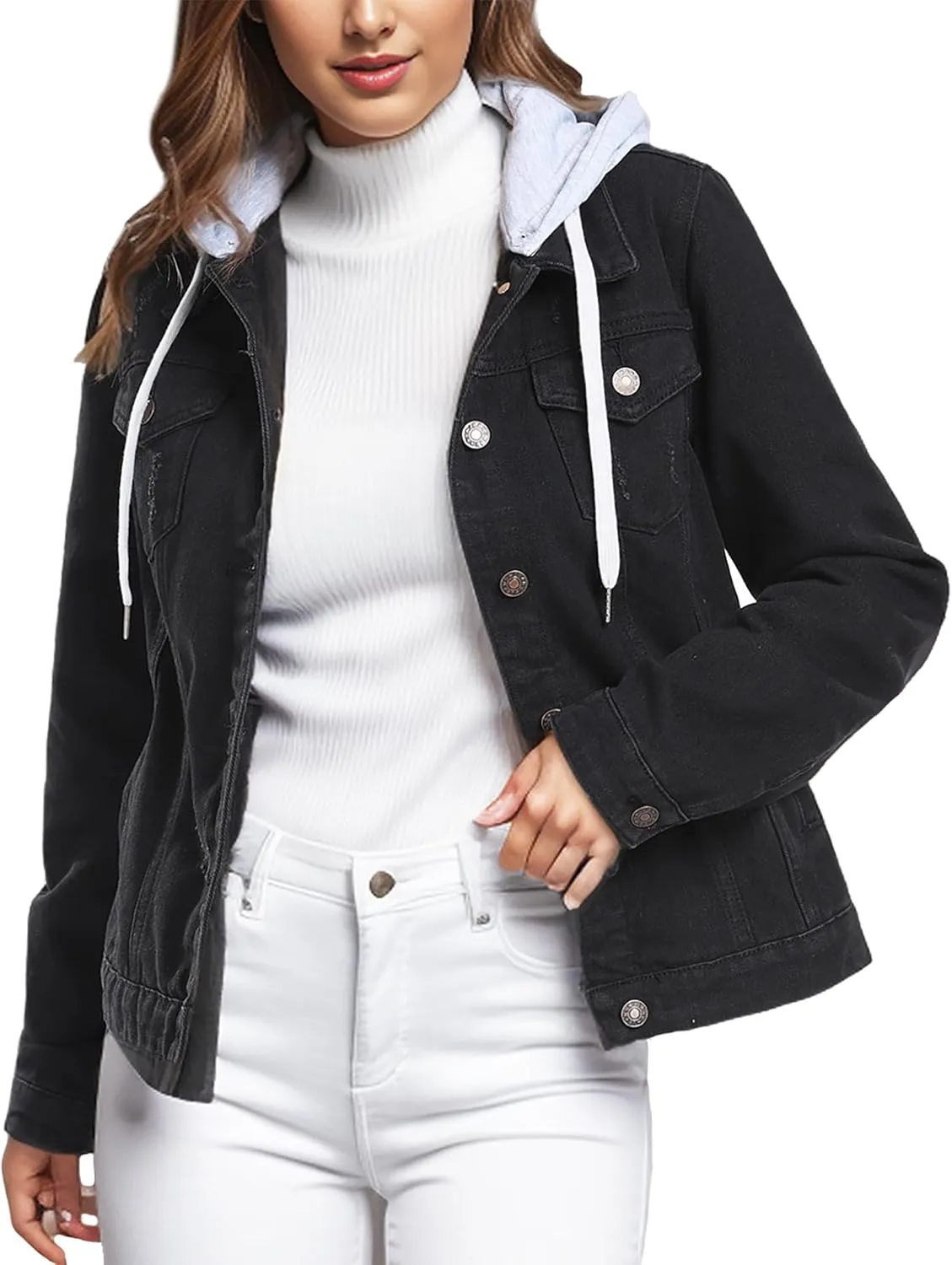 MISS MOLY Denim Jackets For Women Detachable Hoodie Button Down Causal Jean Jacket Coat