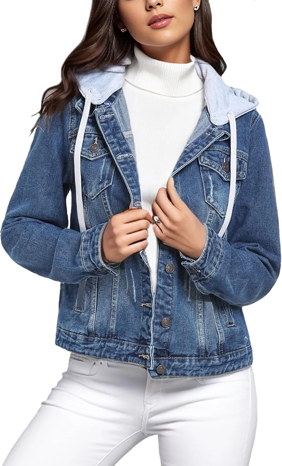 MISS MOLY Denim Jackets For Women Detachable Hoodie Button Down Causal Jean Jacket Coat