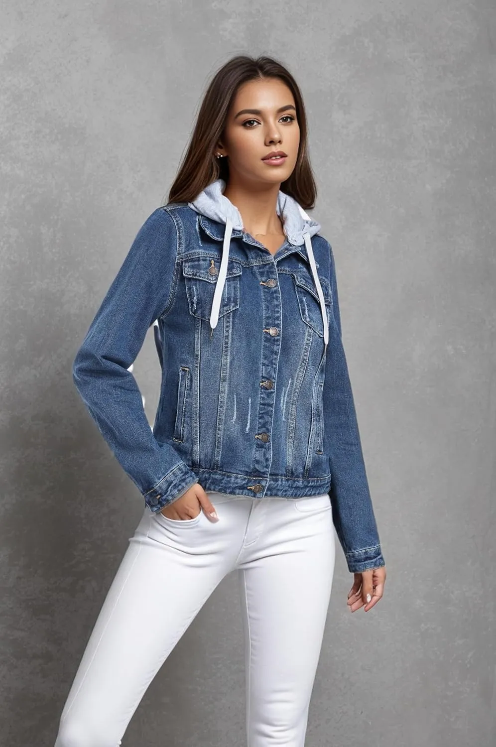 MISS MOLY Denim Jackets For Women Detachable Hoodie Button Down Causal Jean Jacket Coat