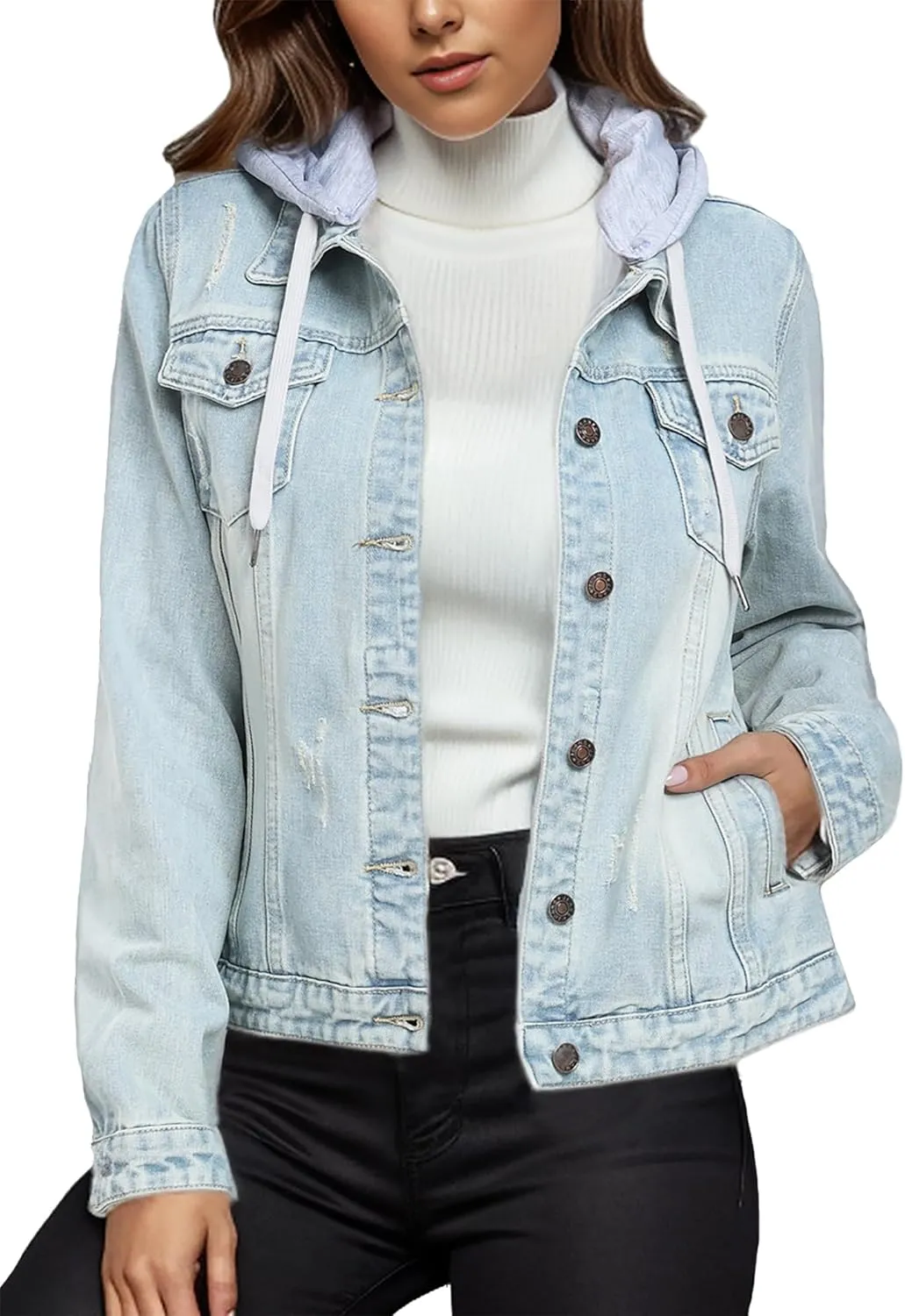 MISS MOLY Denim Jackets For Women Detachable Hoodie Button Down Causal Jean Jacket Coat