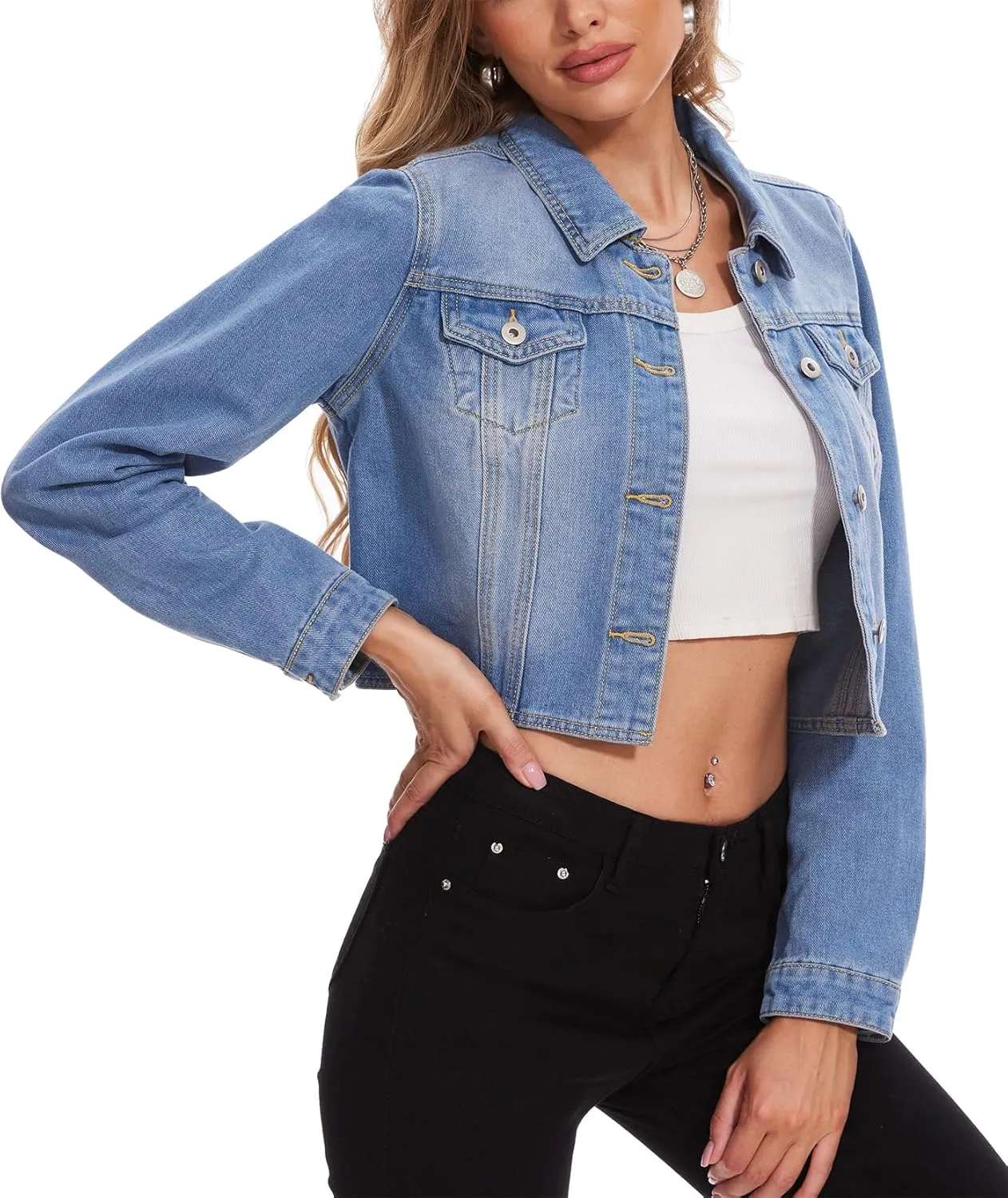 MISS MOLY Women's Cropped Denim Jackets Long Sleeve Classic Trendy Casual Jean Jackets