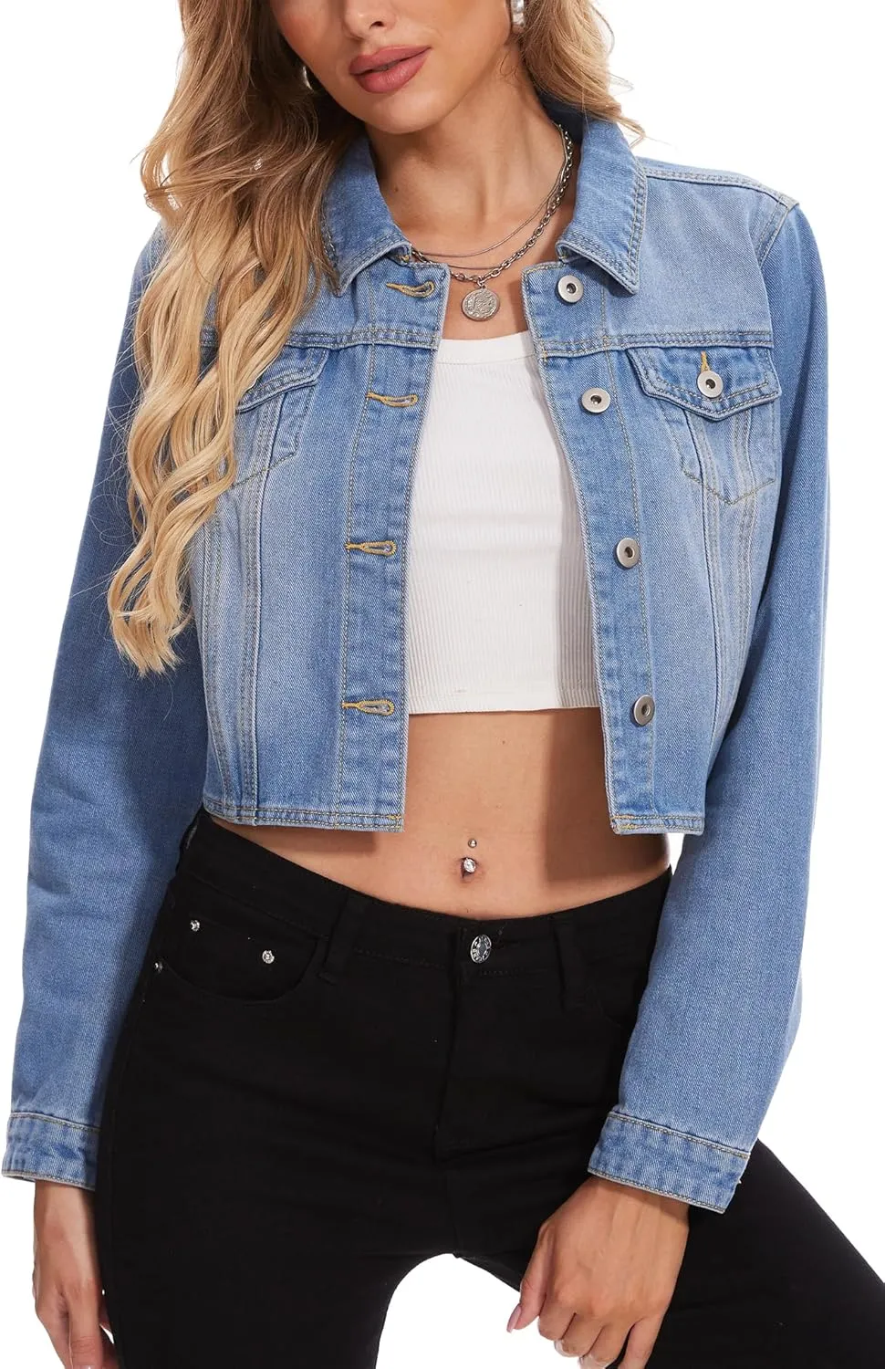 MISS MOLY Women's Cropped Denim Jackets Long Sleeve Classic Trendy Casual Jean Jackets