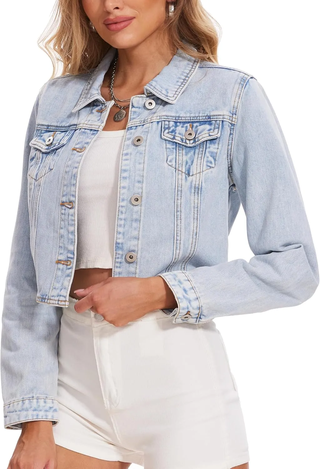 MISS MOLY Women's Cropped Denim Jackets Long Sleeve Classic Trendy Casual Jean Jackets