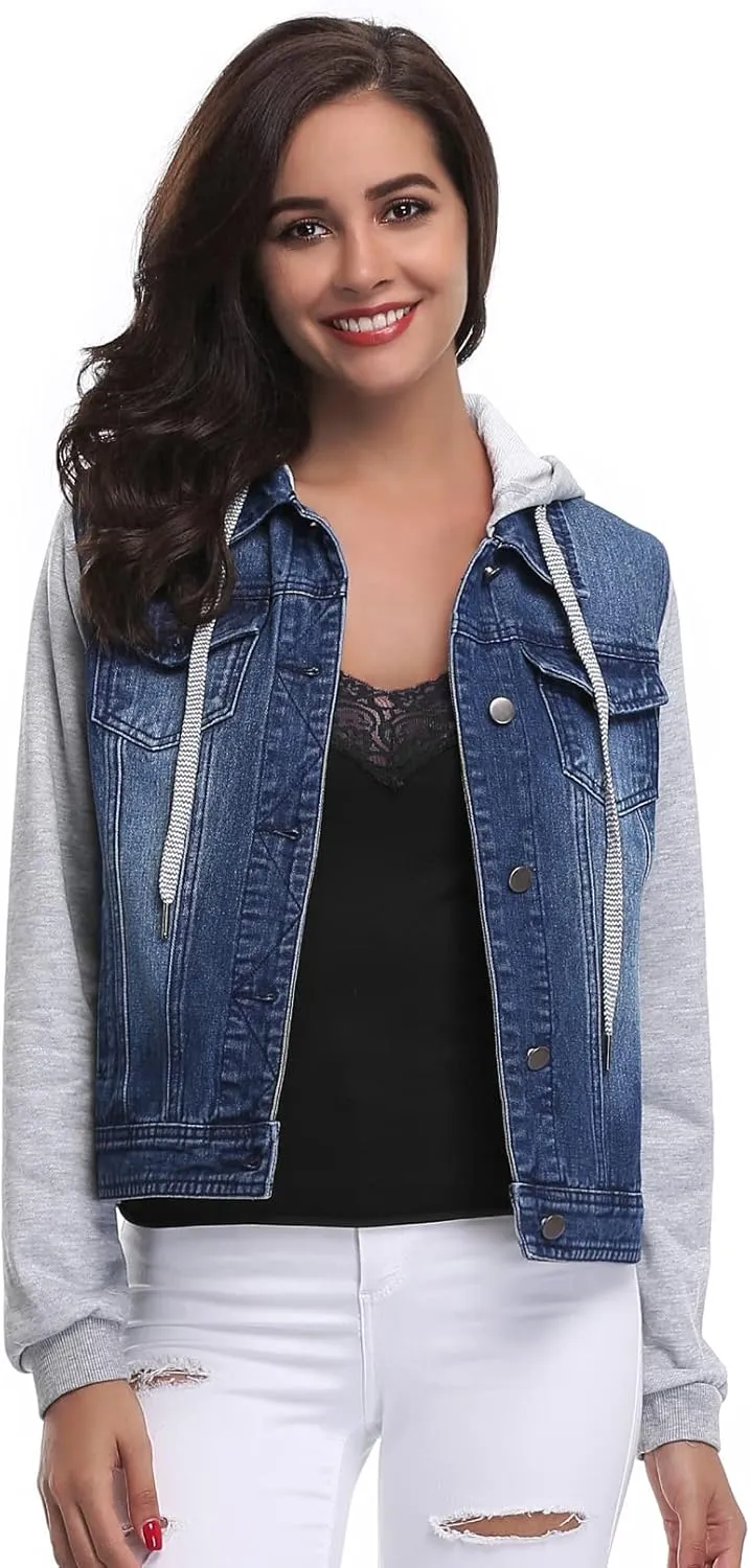 MISS MOLY Women's Layered Drawstring Casual Hoodie Denim Jackets Jean Jacket Coat w Pockets