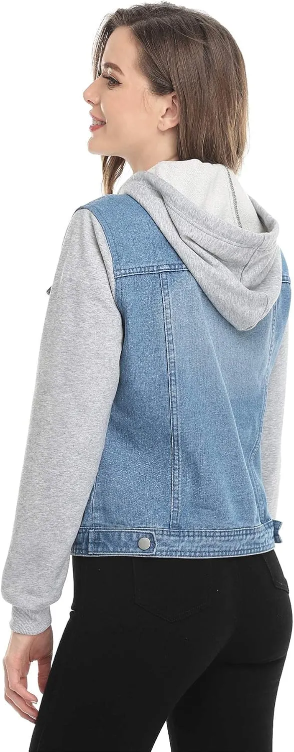 MISS MOLY Women's Layered Drawstring Casual Hoodie Denim Jackets Jean Jacket Coat w Pockets
