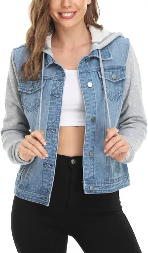 MISS MOLY Women's Layered Drawstring Casual Hoodie Denim Jackets Jean Jacket Coat w Pockets